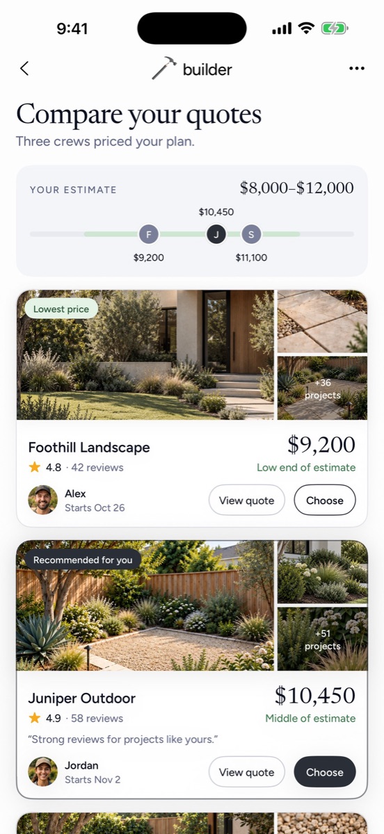 Comparing contractor quotes in the Builder app